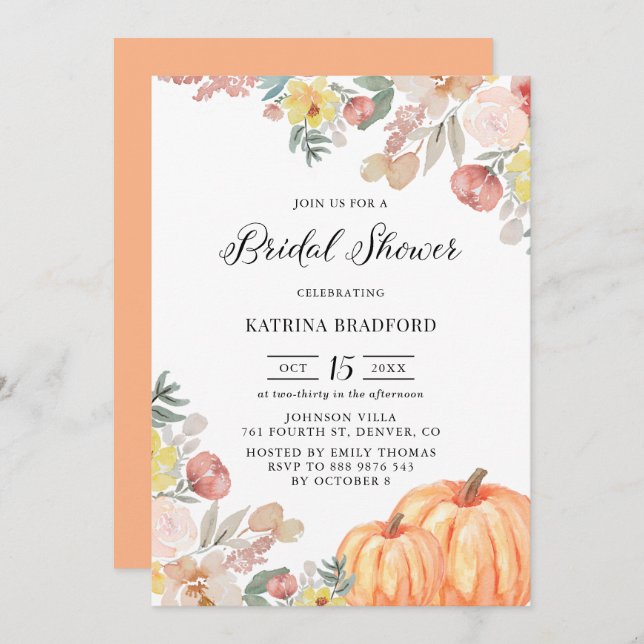 Boho Pumpkins Botanical Fall Bridal Shower Invitation (Front/Back)