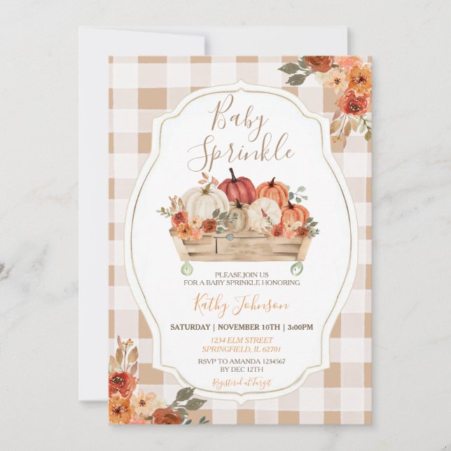 Boho Pumpkins Floral Gingham Fall Baby Sprinkle Invitation (Front)