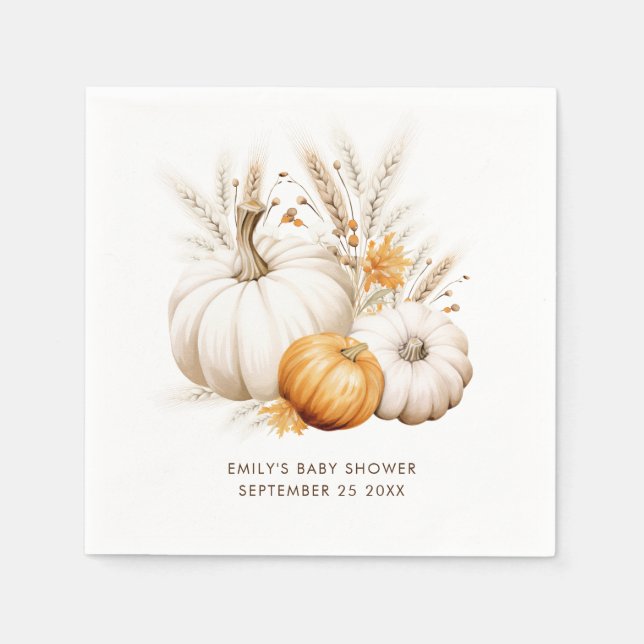 Boho Pumpkins Grasses Name Date Baby Shower Napkins (Front)