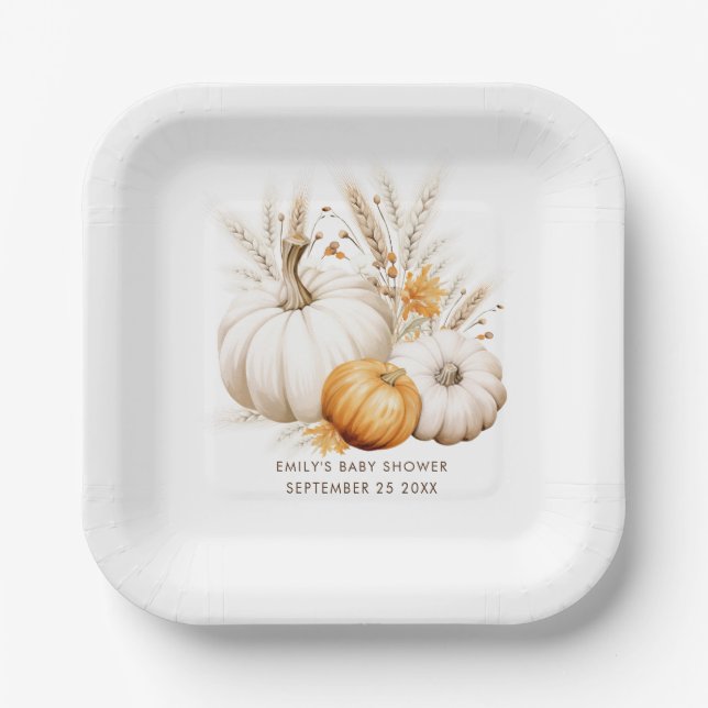 Boho Pumpkins Pampas Grasses Name Date Baby Shower Paper Plates (Front)