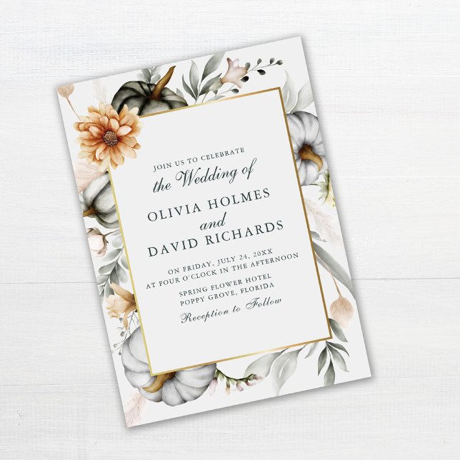 Boho Pumpkins with Wildflowers Wedding Invitation (Boho Pumpkins with Wildflowers Wedding Invitation on white wooden table)