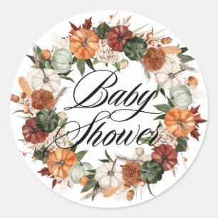 Boho Pumpkins Wreath Autumn Baby Shower Classic Round Sticker