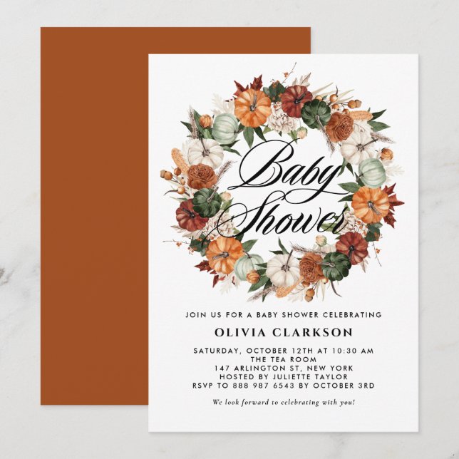 Boho Pumpkins Wreath Autumn Baby Shower Invitation (Front/Back)