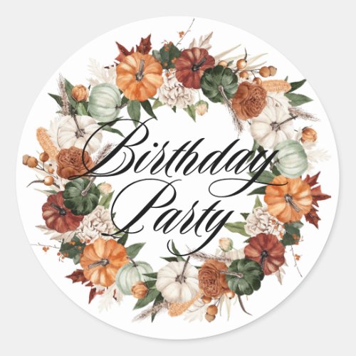 Boho Pumpkins Wreath Autumn Birthday Party Classic Round Sticker