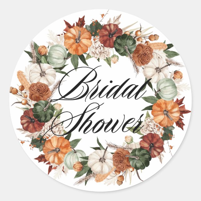 Boho Pumpkins Wreath Autumn Bridal Shower Classic Round Sticker (Front)
