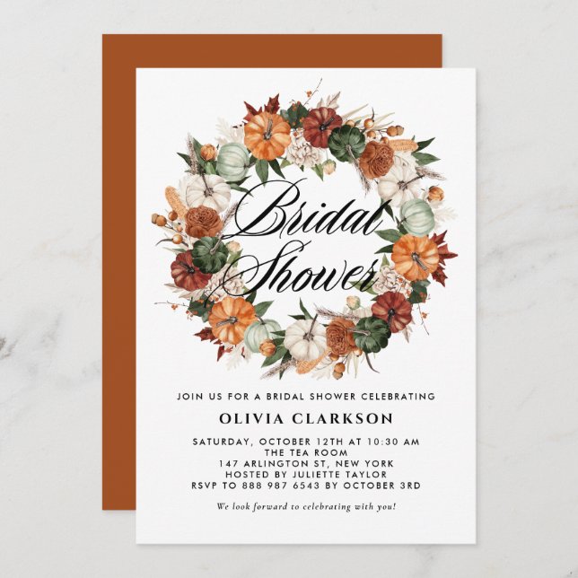 Boho Pumpkins Wreath Autumn Bridal Shower Invitation (Front/Back)