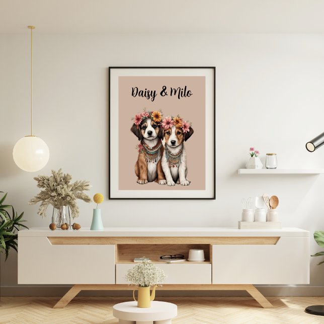 Boho Puppies with Flowers Poster (Boho Puppies with Flowers Poster)