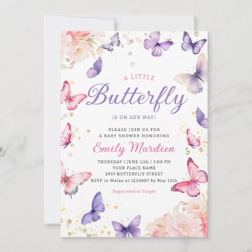 Boho Purple A Little Butterfly Girl Baby Shower  I Invitation