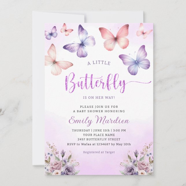 Boho Purple A Little Butterfly Girl Baby Shower  Invitation (Front)