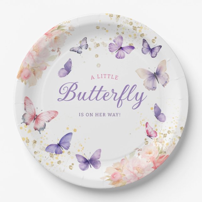Boho Purple A Little Butterfly Girl Baby Shower  Paper Plates (Front)