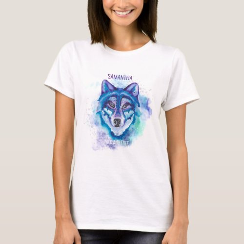 Boho Purple and BLue Watercolor Wolf Gift for her T_Shirt