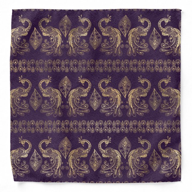 Boho Purple and Gold Peacock Bandana (Front)