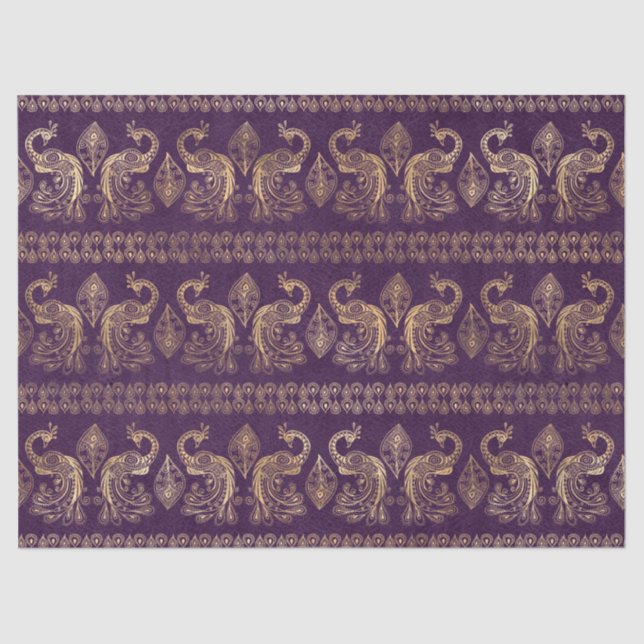 Boho Purple and Gold Peacock Decoupage Tissue Paper (Front)
