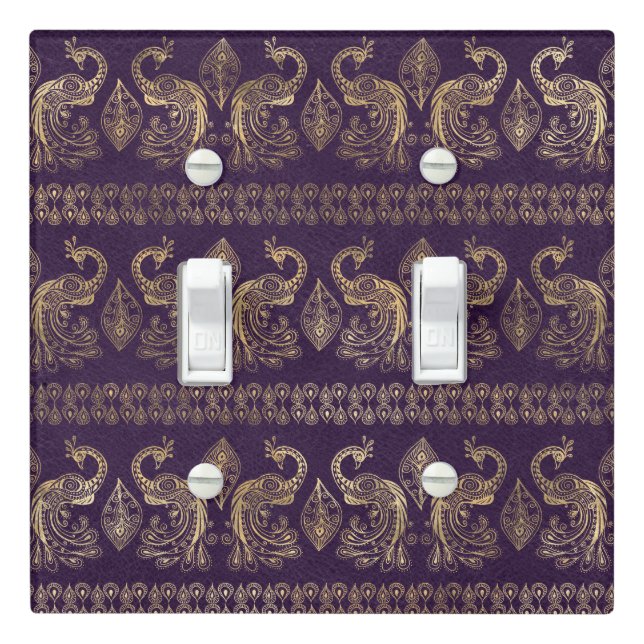 Boho Purple and Gold Peacock Light Switch Cover (In Situ)