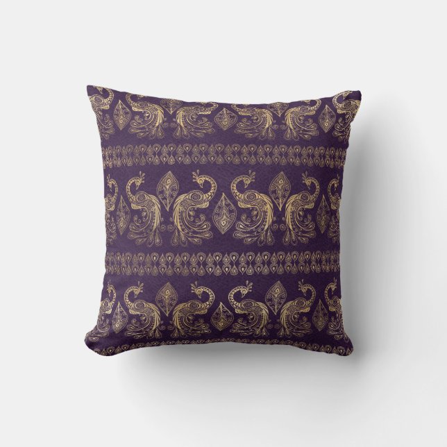 Boho Purple and Gold Peacock Throw Pillow (Front)