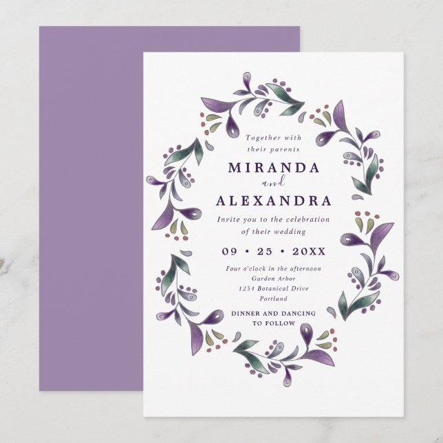 Boho purple and green floral Spring wedding Invitation (Front/Back)