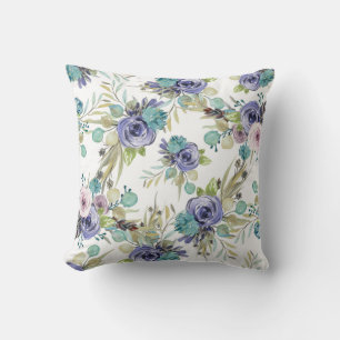  Boho Purple and Green Floral  Throw Pillow