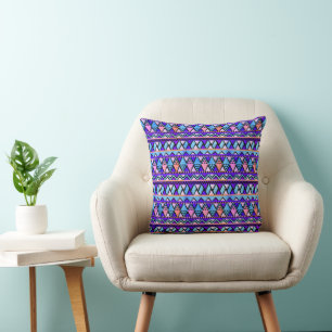 Boho Purple Blue Aqua Pink Triangle Pattern Throw Pillow