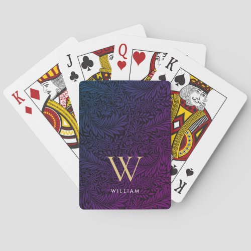 Boho Purple Botanical Gold Monogram Name Poker Cards