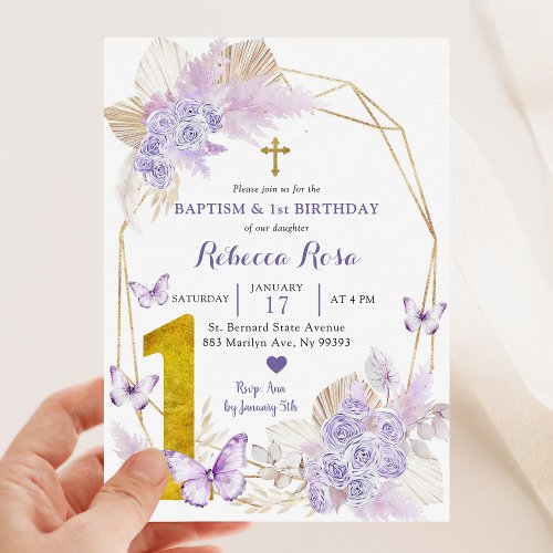 Boho Purple Butterfly Baptism and 1st Birthday Invitation