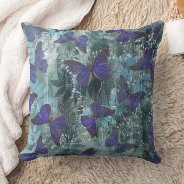 Boho Purple Butterfly & Cyan Botanical Original Throw Pillow (Blanket)