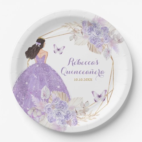 Boho Purple Butterfly Floral Princesa Quinceaera Paper Plates