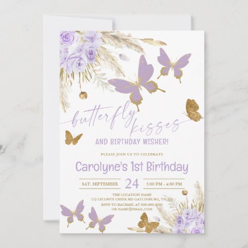 Boho Purple Butterfly Kisses and Birthday Wishes Invitation