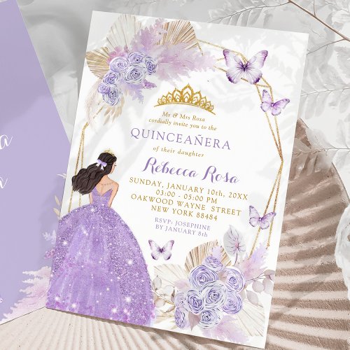 Boho Purple Butterfly Mexican Princess Quinceaera Invitation