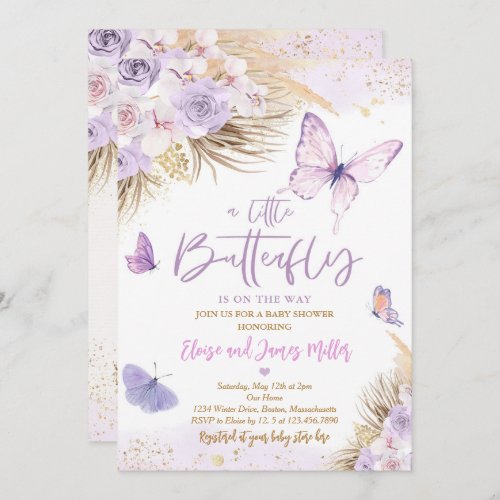 Boho Purple Butterfly Pampas Grass Baby Shower  Invitation