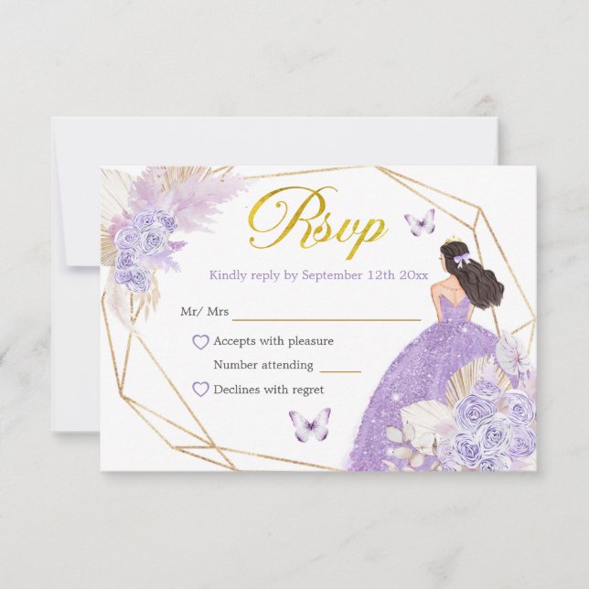 Boho Purple Butterfly Princesa Quinceañera RSVP Card (Front)