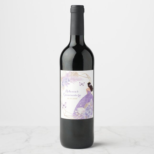 Boho Purple Butterfly Princesa Quinceañera Wine Label (Front)