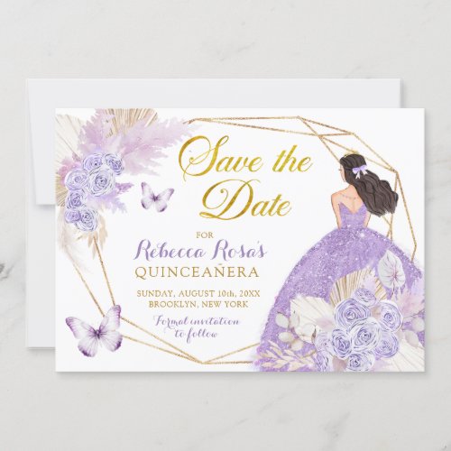 Boho Purple Butterfly Quinceaera Save The Date Invitation