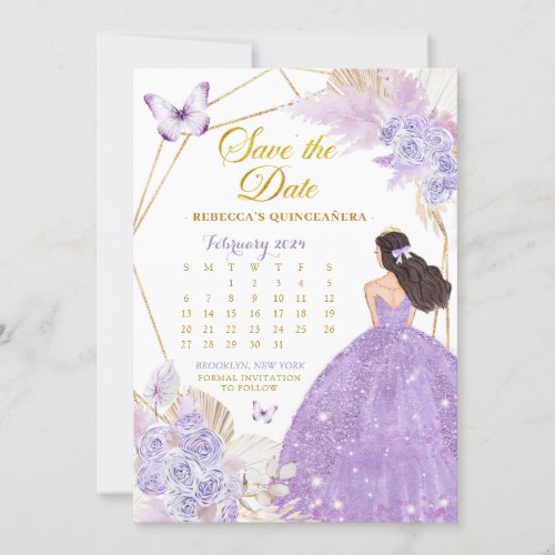 Boho Purple Butterfly XV Save The Date Calendar Invitation