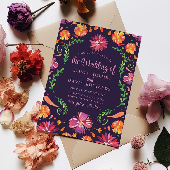 Boho Purple Colorful Mexican Floral Fiesta Wedding Invitation (Boho Purple Colorful Mexican Floral Fiesta Wedding Invitation on a table surrounded with flowers)