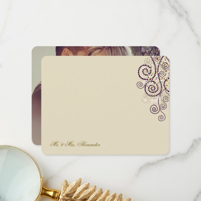 Boho Purple Dots & Spirals Elegant Photo Wedding Thank You Card (Front/Back In Situ)