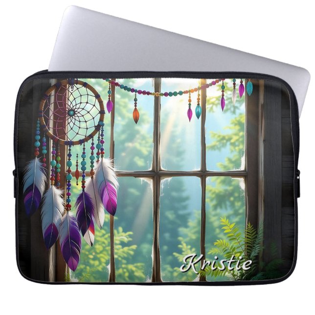Boho Purple Dreamcatcher in Window  Personalized Laptop Sleeve (Front)