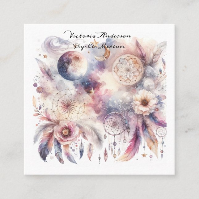 Boho Purple Dreamcatcher Psychic Reading Logo Square Business Card (Front)