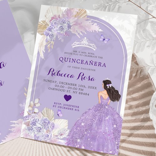 Boho Purple Dress Princess Floral Quinceaera Invitation