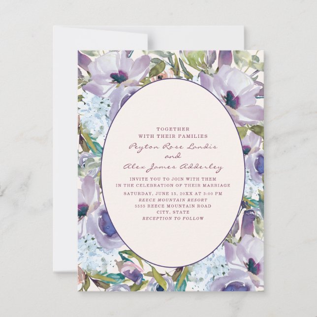 Boho Purple Dusty Blue Watercolor Floral Wedding Invitation (Front)