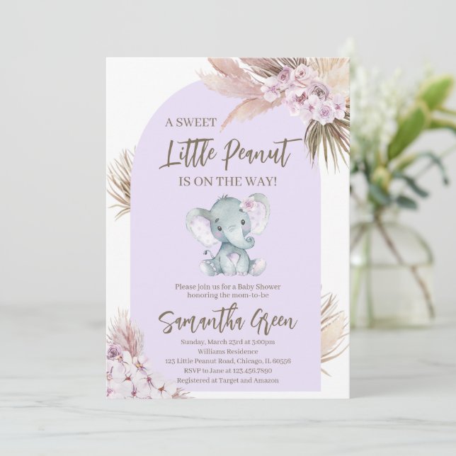 Boho Purple Elephant Baby Shower Invitation (Standing Front)