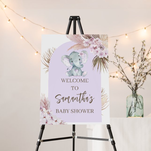 Boho Purple Elephant Baby Shower Welcome Sign  (In Situ (Stand))