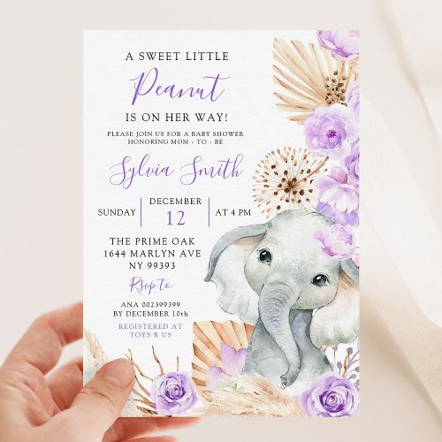 Boho Purple Elephant Girl Floral Baby Shower Invitation