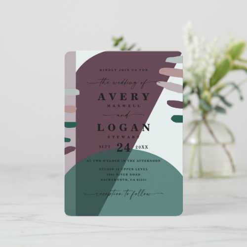 Boho Purple  Emerald Green Abstract Shape Wedding Invitation