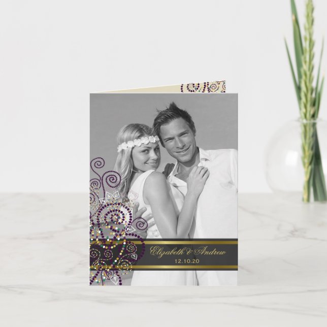 Boho Purple Ethnic Spirals Elegant Wedding Photo Thank You Card (Front)