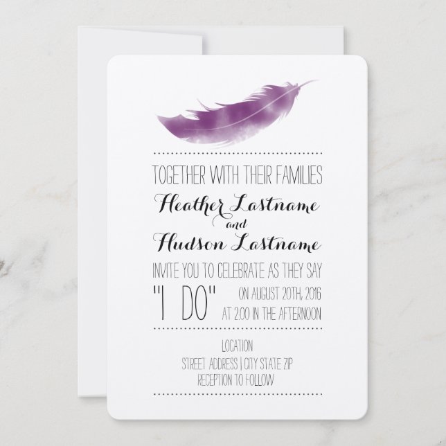 Boho Purple Feather I Do Wedding Invitation (Front)