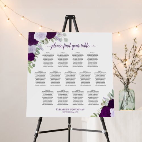 Boho Purple Floral 13 Table Wedding Seating Chart Foam Board