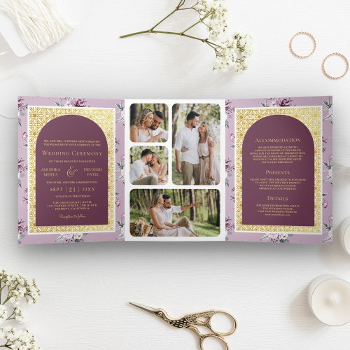 Boho Purple Floral All in One Gold Indian Wedding Tri_Fold Invitation