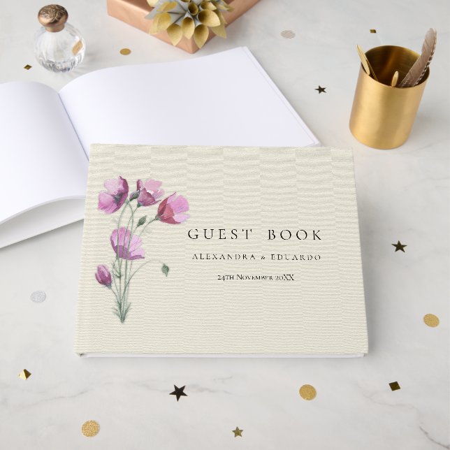 Boho Purple Floral and Beige Wedding Guest Book (Front Open)