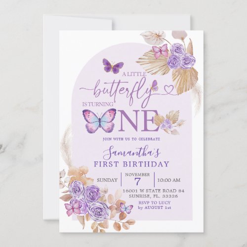 Boho Purple Floral and Butterfly Arch Birthday Invitation