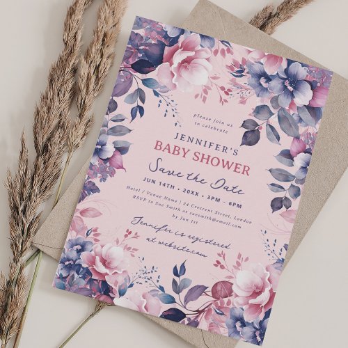 Boho Purple Floral Baby Shower Save Date Blush Invitation